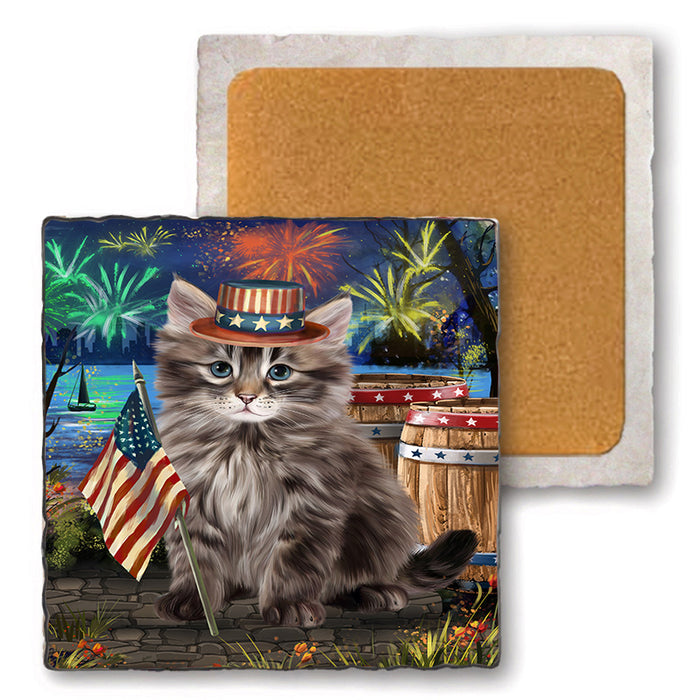 4th of July Independence Day Firework Siberian Cat Set of 4 Natural Stone Marble Tile Coasters MCST49077