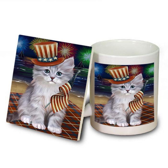 4th of July Independence Day Firework Siberian Cat Mug and Coaster Set MUC56842