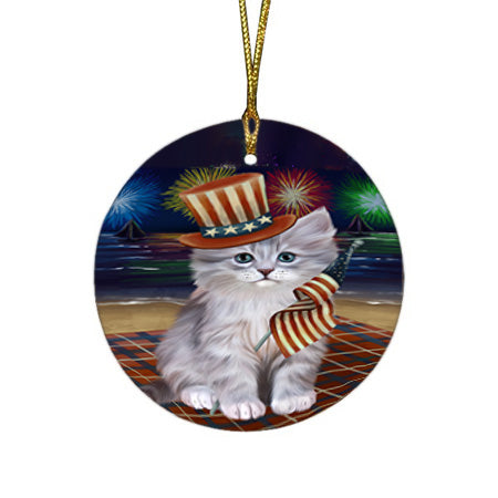 4th of July Independence Day Firework Siberian Cat Round Flat Christmas Ornament RFPOR57251