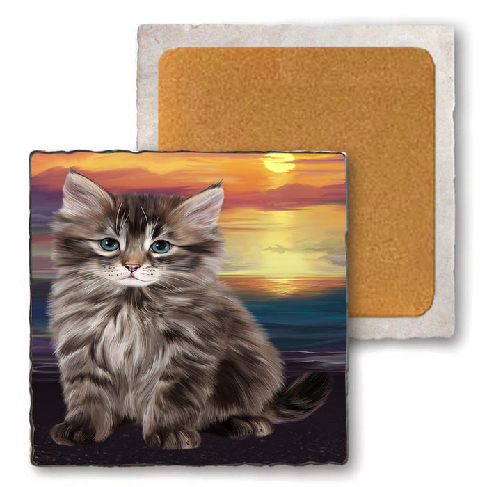 Siberian Cat Set of 4 Natural Stone Marble Tile Coasters MCST49631