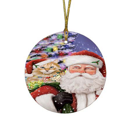 Santa Carrying Siberian Cat and Christmas Presents Round Flat Christmas Ornament RFPOR55884