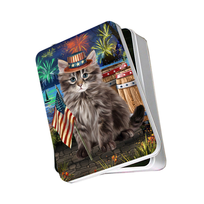4th of July Independence Day Firework Siberian Cat Photo Storage Tin PITN54020