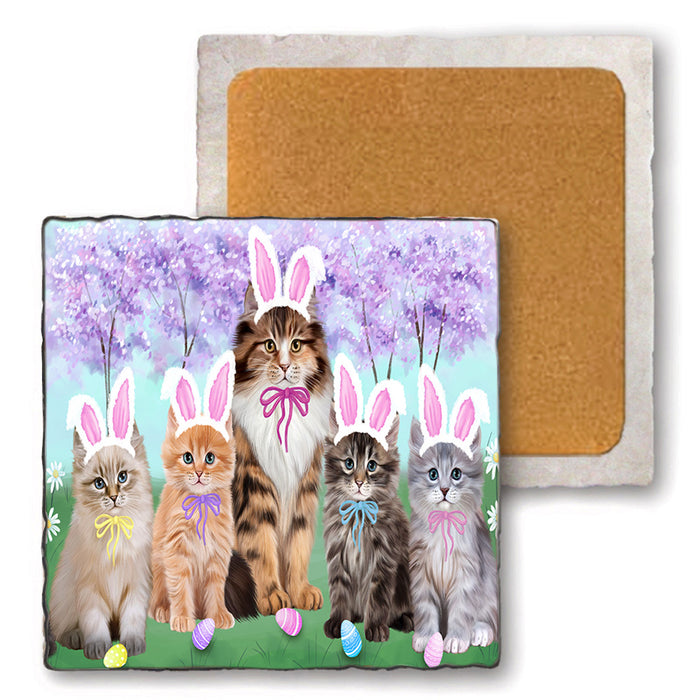 Easter Holiday Siberian Cats Set of 4 Natural Stone Marble Tile Coasters MCST51937