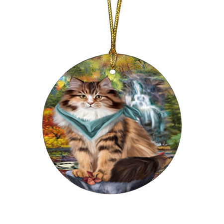 Scenic Waterfall Siberian Cat Round Flat Christmas Ornament RFPOR54802