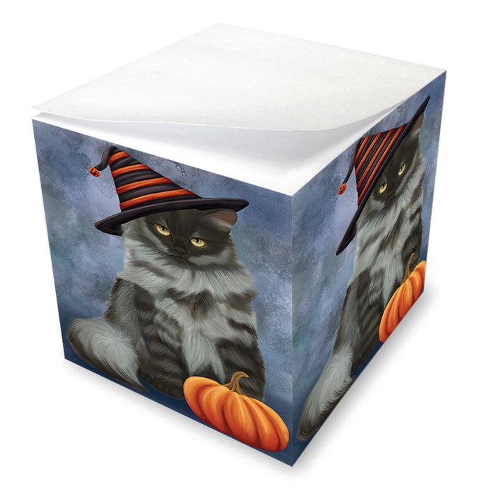 Happy Halloween Siberian Cat Wearing Witch Hat with Pumpkin Note Cube NOC56455