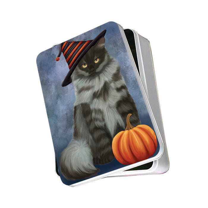 Happy Halloween Siberian Cat Wearing Witch Hat with Pumpkin Photo Storage Tin PITN54752