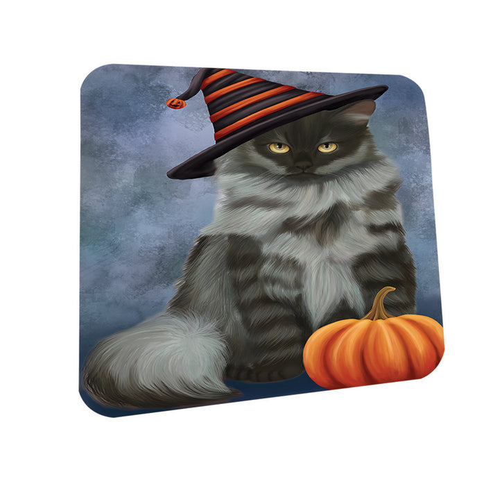 Happy Halloween Siberian Cat Wearing Witch Hat with Pumpkin Coasters Set of 4 CST54767