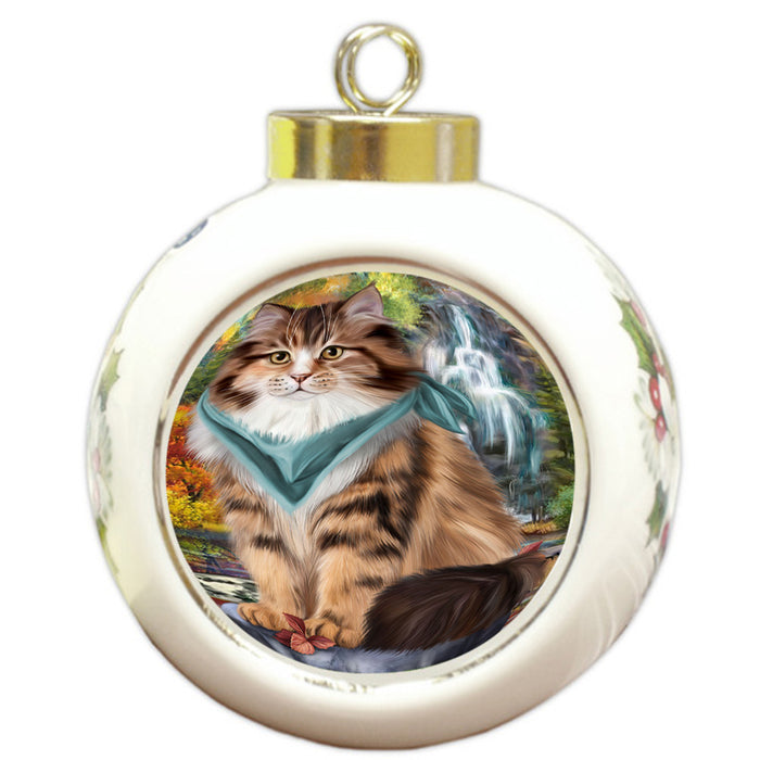 Scenic Waterfall Siberian Cat Round Ball Christmas Ornament RBPOR54811