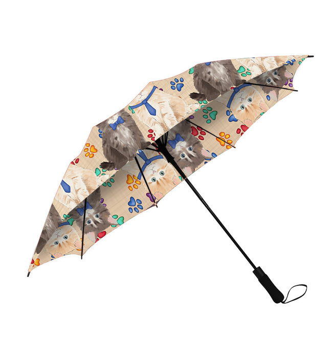 Rainbow Paw Print Siberian Cats Red Semi-Automatic Foldable Umbrella