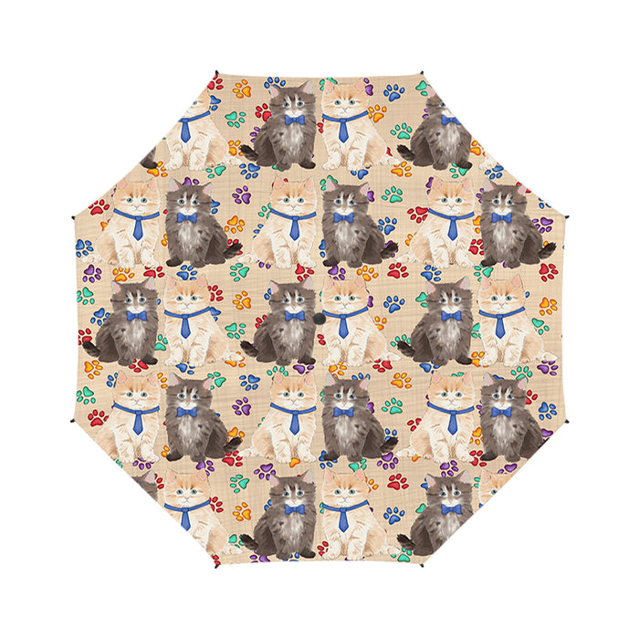 Rainbow Paw Print Siberian Cats Red Semi-Automatic Foldable Umbrella