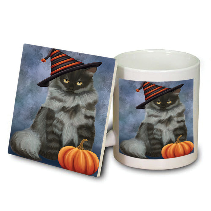 Happy Halloween Siberian Cat Wearing Witch Hat with Pumpkin Mug and Coaster Set MUC54801