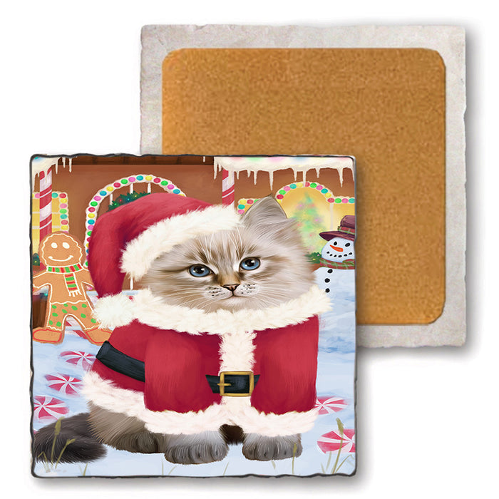 Christmas Gingerbread House Candyfest Siberian Cat Set of 4 Natural Stone Marble Tile Coasters MCST51562
