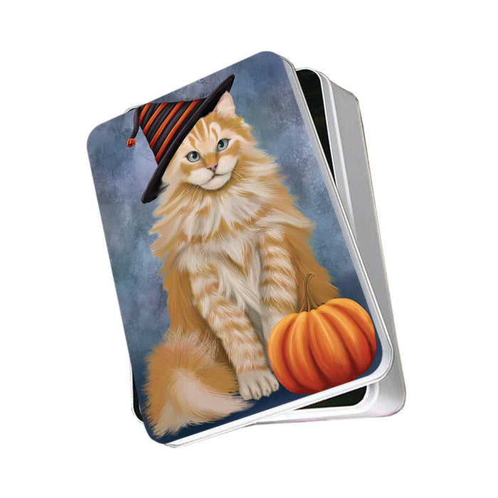Happy Halloween Siberian Cat Wearing Witch Hat with Pumpkin Photo Storage Tin PITN54753