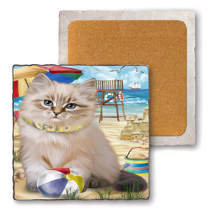 Pet Friendly Beach Siberian Cat Set of 4 Natural Stone Marble Tile Coasters MCST49187