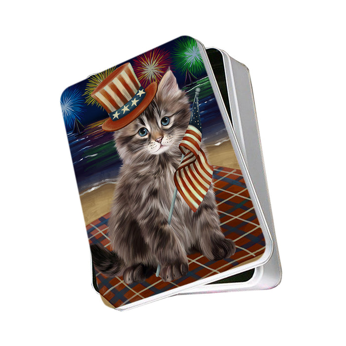 4th of July Independence Day Firework Siberian Cat Photo Storage Tin PITN56794