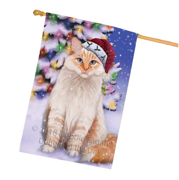Winterland Wonderland Siberian Cat In Christmas Holiday Scenic Background House Flag FLG56155