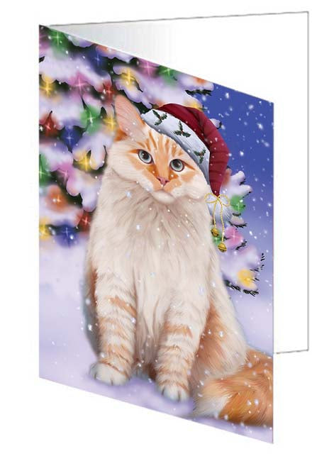 Winterland Wonderland Siberian Cat In Christmas Holiday Scenic Background Handmade Artwork Assorted Pets Greeting Cards and Note Cards with Envelopes for All Occasions and Holiday Seasons GCD71693