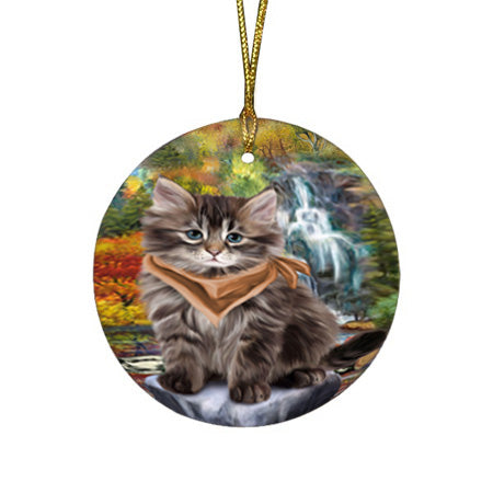 Scenic Waterfall Siberian Cat Round Flat Christmas Ornament RFPOR54803