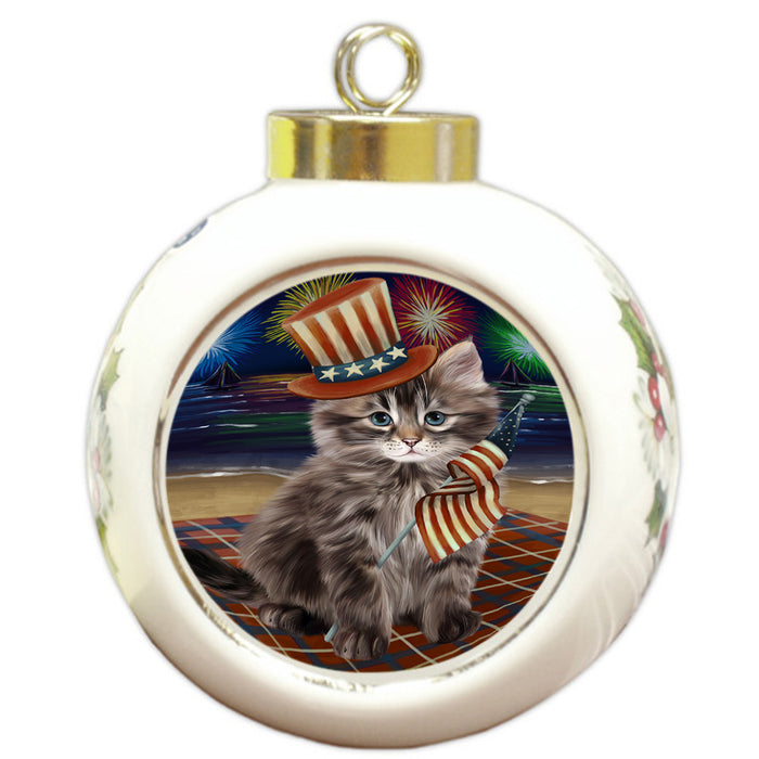 4th of July Independence Day Firework Siberian Cat Round Ball Christmas Ornament RBPOR57252