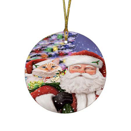 Santa Carrying Siberian Cat and Christmas Presents Round Flat Christmas Ornament RFPOR55885