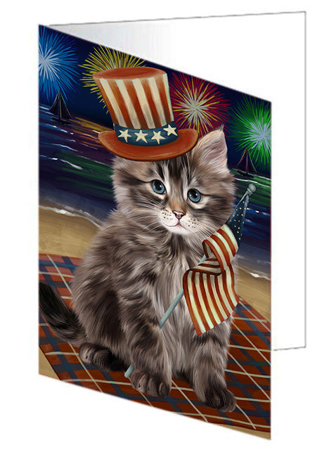 4th of July Independence Day Firework Siberian Cat Handmade Artwork Assorted Pets Greeting Cards and Note Cards with Envelopes for All Occasions and Holiday Seasons GCD76067