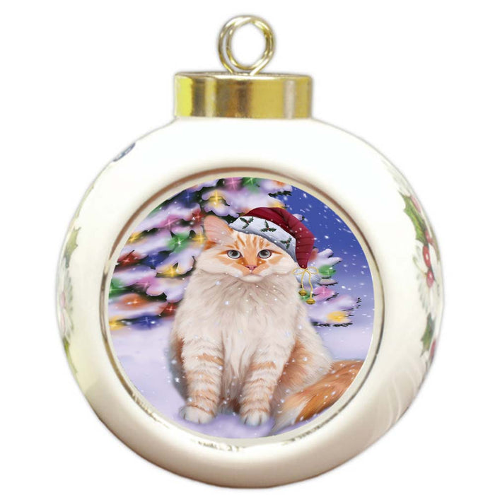 Winterland Wonderland Siberian Cat In Christmas Holiday Scenic Background Round Ball Christmas Ornament RBPOR56082