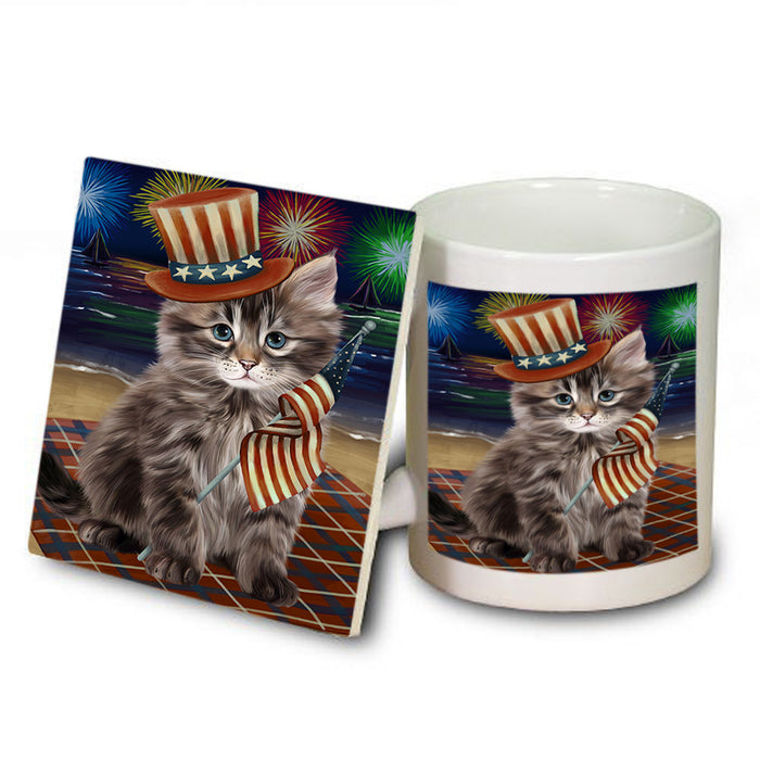 4th of July Independence Day Firework Siberian Cat Mug and Coaster Set MUC56843