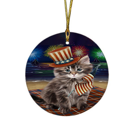 4th of July Independence Day Firework Siberian Cat Round Flat Christmas Ornament RFPOR57252