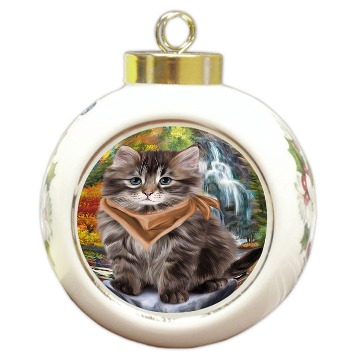 Scenic Waterfall Siberian Cat Round Ball Christmas Ornament RBPOR54812