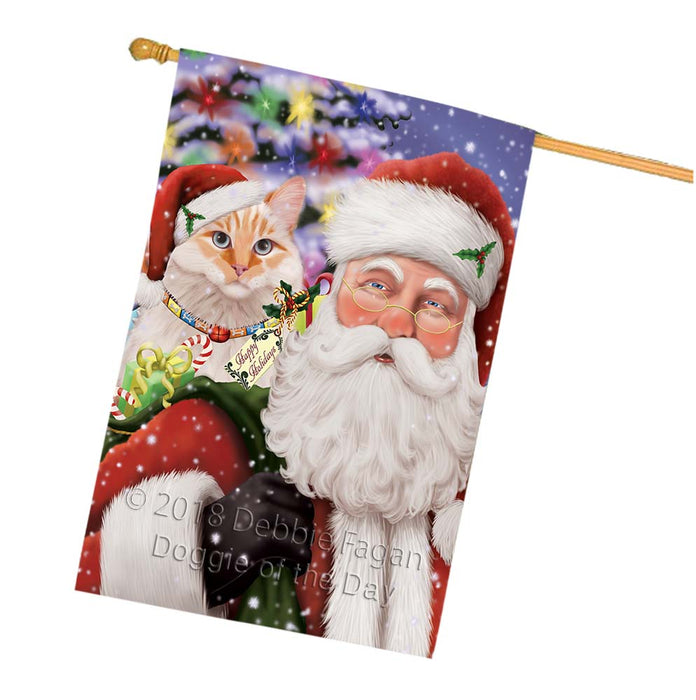 Santa Carrying Siberian Cat and Christmas Presents House Flag FLG55958