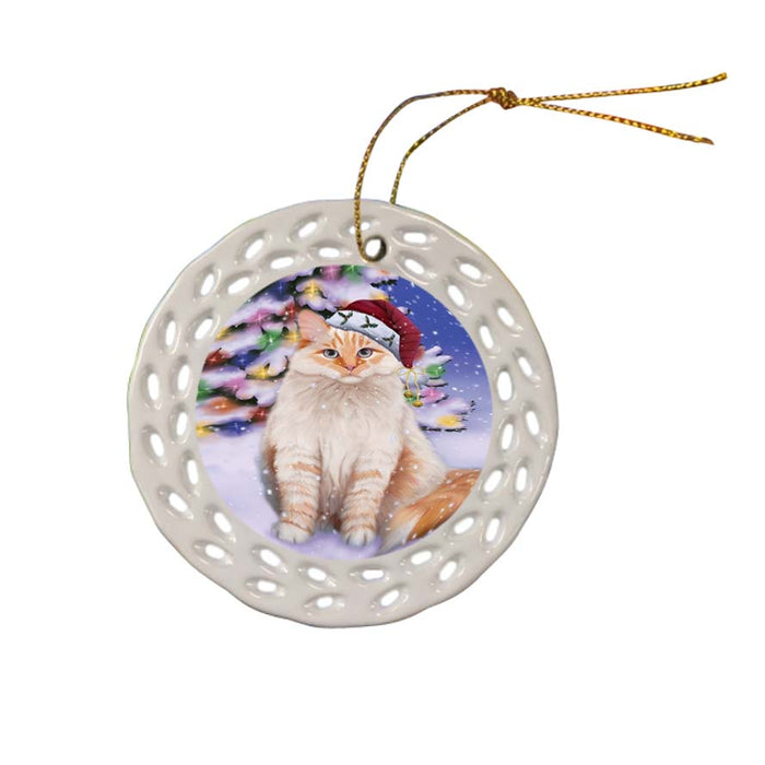 Winterland Wonderland Siberian Cat In Christmas Holiday Scenic Background Ceramic Doily Ornament DPOR56082