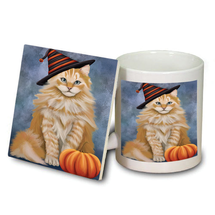 Happy Halloween Siberian Cat Wearing Witch Hat with Pumpkin Mug and Coaster Set MUC54802