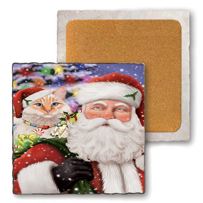 Santa Carrying Siberian Cat and Christmas Presents Set of 4 Natural Stone Marble Tile Coasters MCST50529
