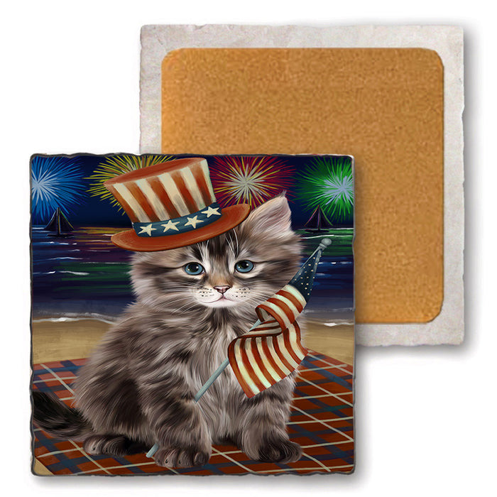 4th of July Independence Day Firework Siberian Cat Set of 4 Natural Stone Marble Tile Coasters MCST51851