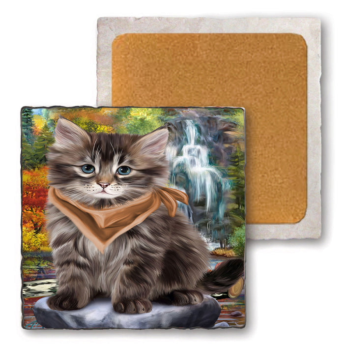 Scenic Waterfall Siberian Cat Set of 4 Natural Stone Marble Tile Coasters MCST49684