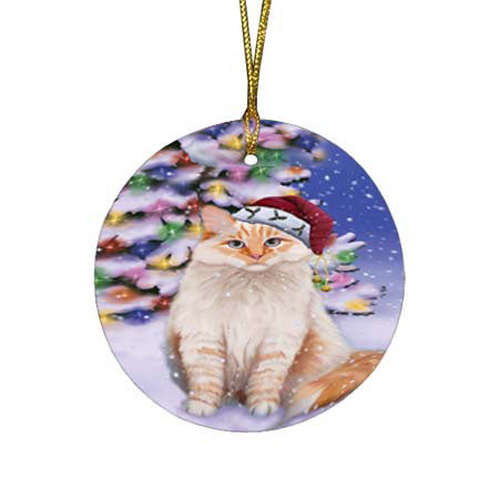 Winterland Wonderland Siberian Cat In Christmas Holiday Scenic Background Round Flat Christmas Ornament RFPOR56082