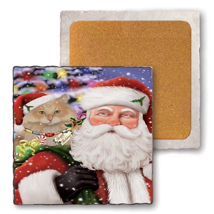 Santa Carrying Siberian Cat and Christmas Presents Set of 4 Natural Stone Marble Tile Coasters MCST50530