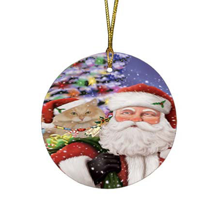 Santa Carrying Siberian Cat and Christmas Presents Round Flat Christmas Ornament RFPOR55886