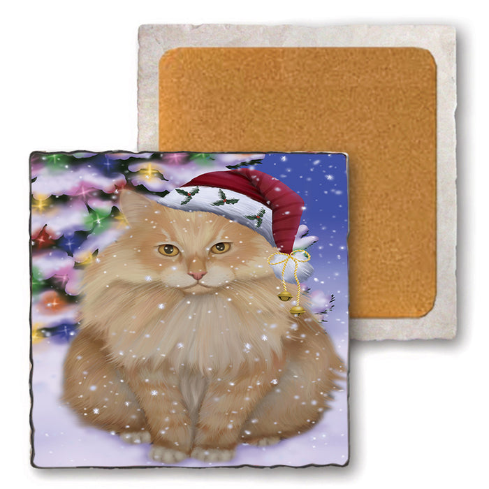 Winterland Wonderland Siberian Cat In Christmas Holiday Scenic Background Set of 4 Natural Stone Marble Tile Coasters MCST50727