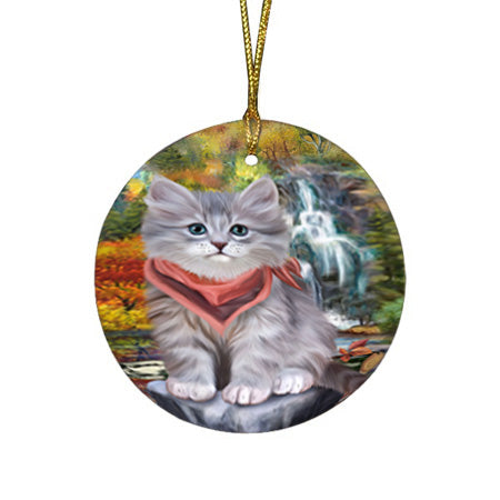 Scenic Waterfall Siberian Cat Round Flat Christmas Ornament RFPOR54804