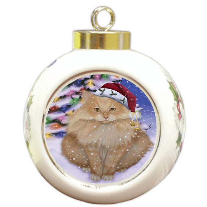 Winterland Wonderland Siberian Cat In Christmas Holiday Scenic Background Round Ball Christmas Ornament RBPOR56083