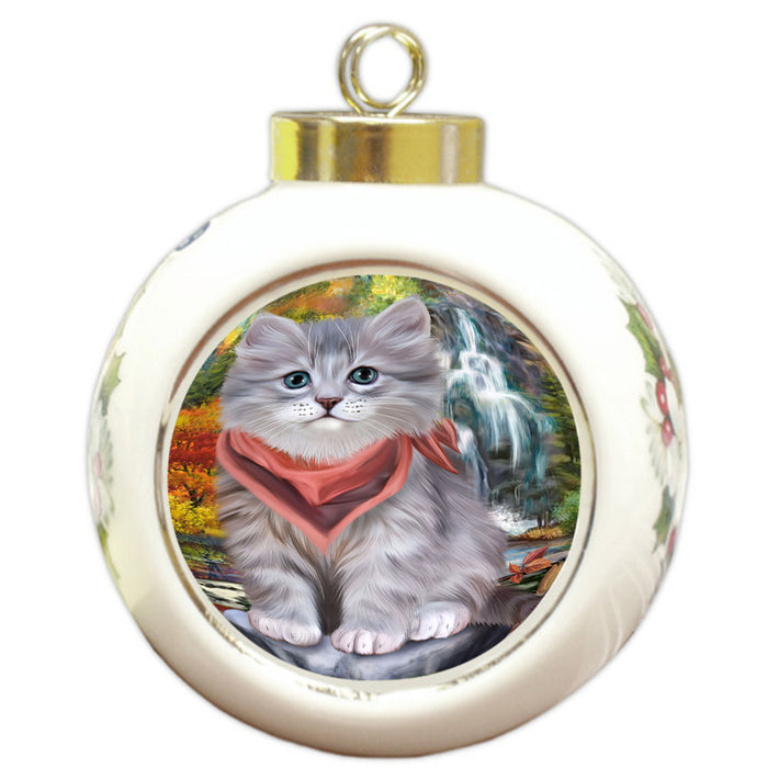 Scenic Waterfall Siberian Cat Round Ball Christmas Ornament RBPOR54813