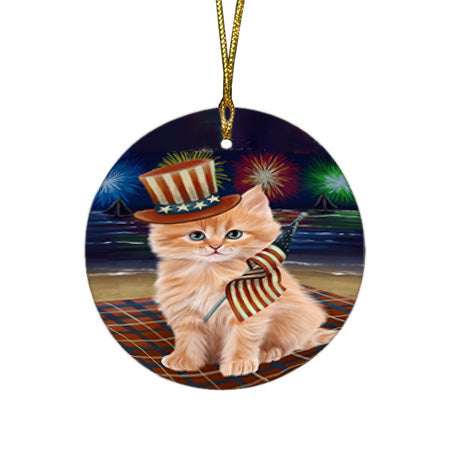 4th of July Independence Day Firework Siberian Cat Round Flat Christmas Ornament RFPOR57253