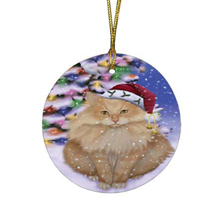 Winterland Wonderland Siberian Cat In Christmas Holiday Scenic Background Round Flat Christmas Ornament RFPOR56083