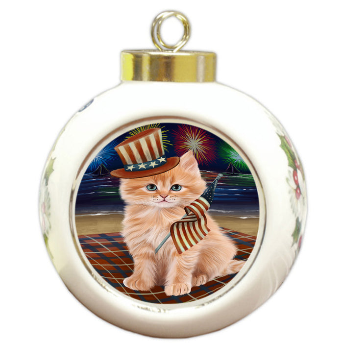 4th of July Independence Day Firework Siberian Cat Round Ball Christmas Ornament RBPOR57253