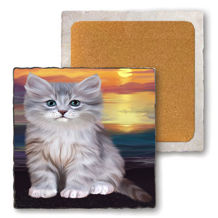 Siberian Cat Set of 4 Natural Stone Marble Tile Coasters MCST49633