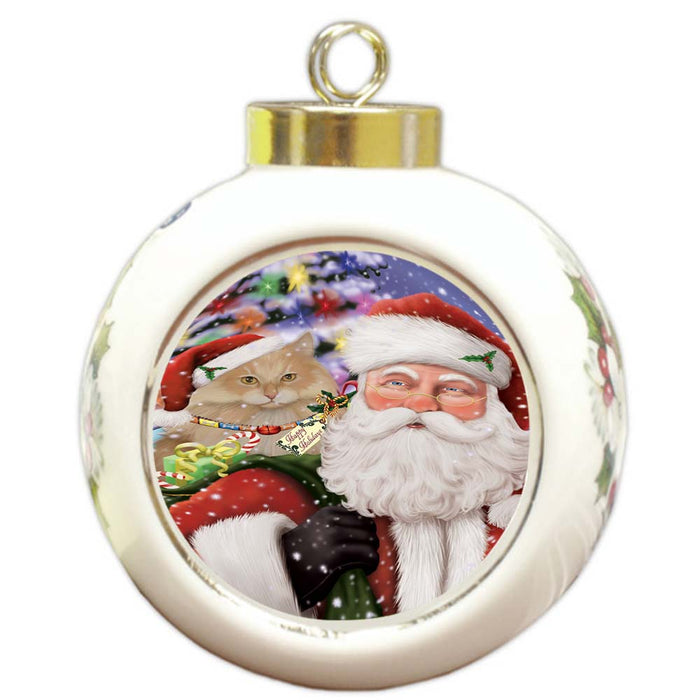 Santa Carrying Siberian Cat and Christmas Presents Round Ball Christmas Ornament RBPOR55886