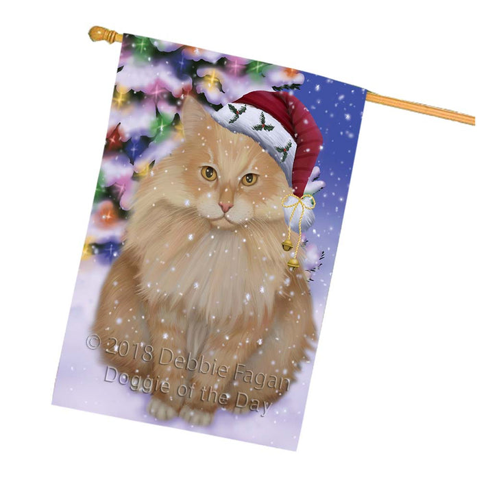 Winterland Wonderland Siberian Cat In Christmas Holiday Scenic Background House Flag FLG56156