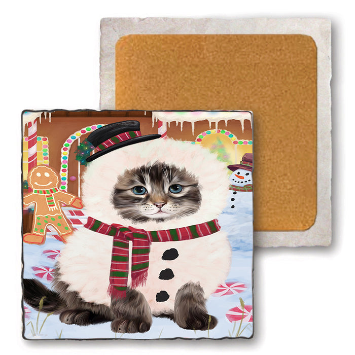 Christmas Gingerbread House Candyfest Siberian Cat Set of 4 Natural Stone Marble Tile Coasters MCST51563