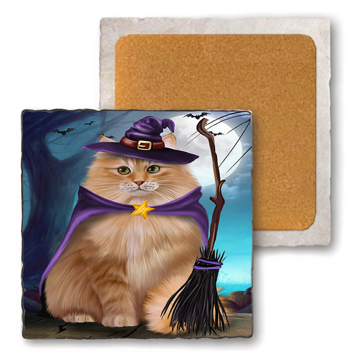Happy Halloween Trick or Treat Siberian Cat Set of 4 Natural Stone Marble Tile Coasters MCST49531